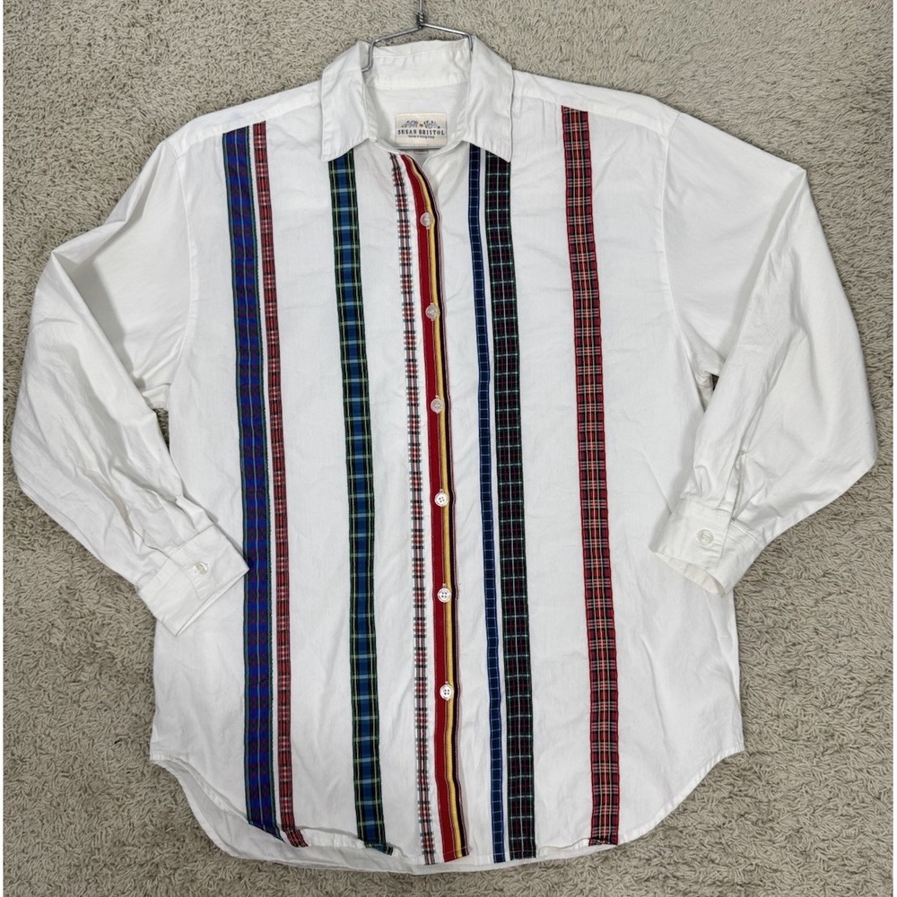 VTG Susan Bristol Crisp White Long Sleeve Button Up Shirt Ribbon Accents Size M